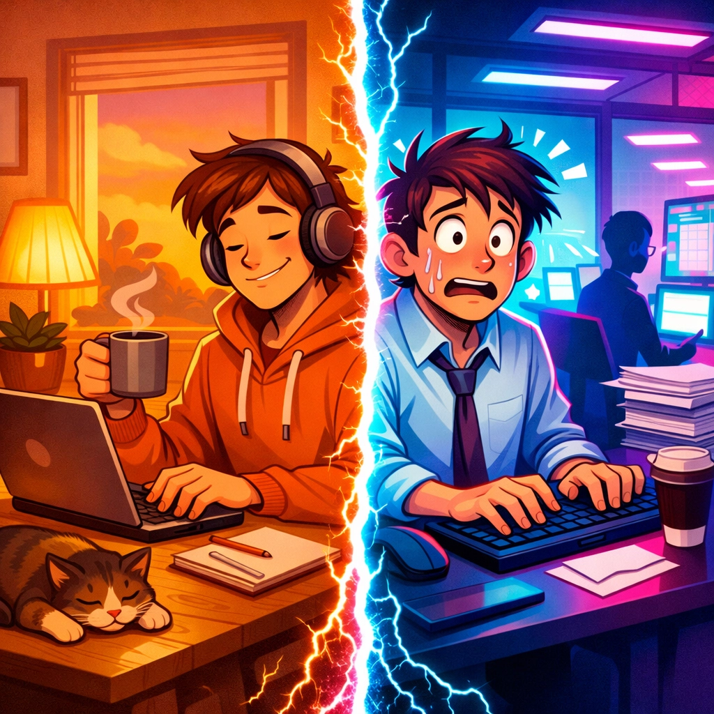 Split scene showing remote worker at home versus awkward moment in office with coworker