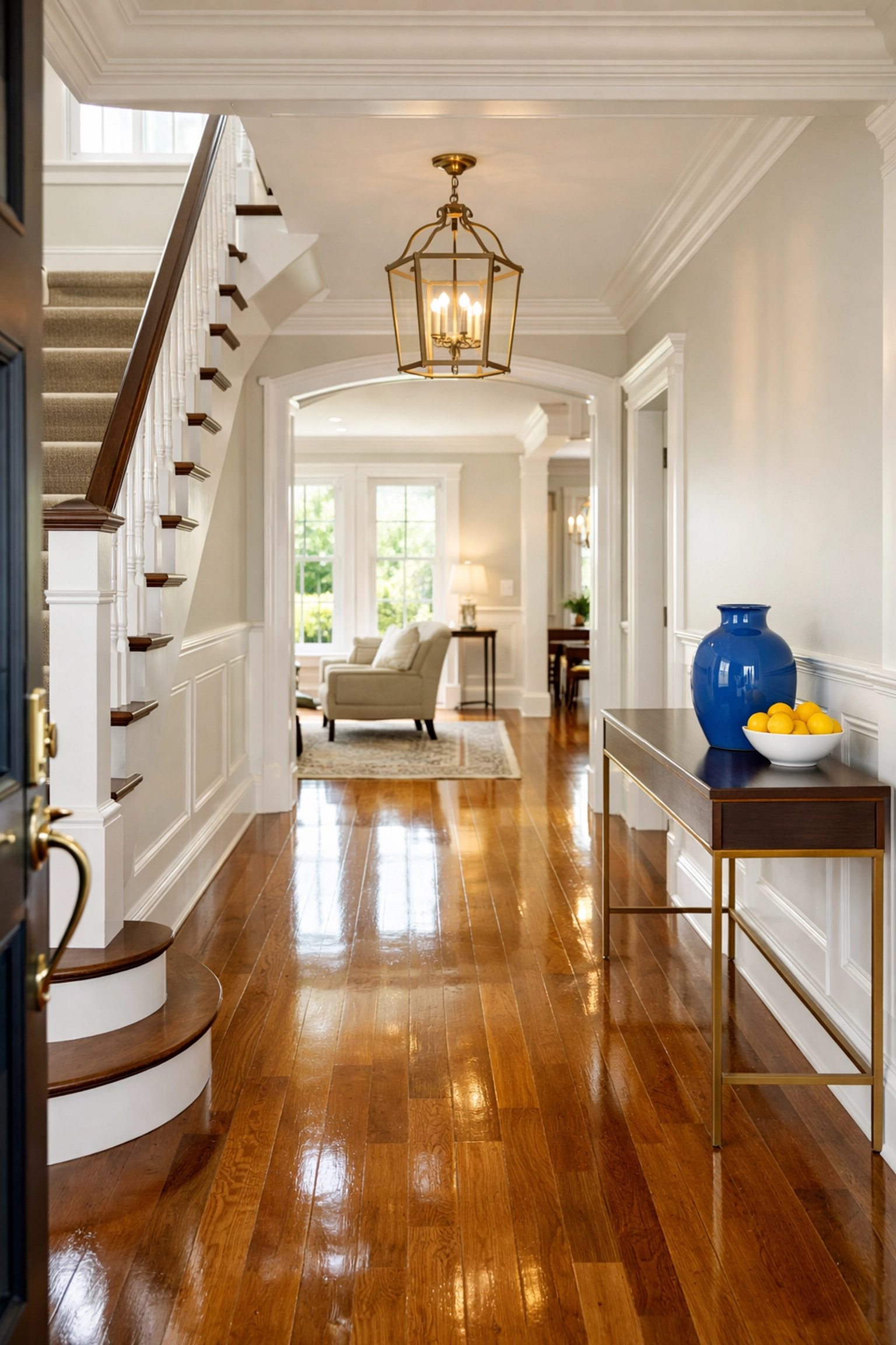 Pristine entryway in a Leominster home with polished hardwood floors and spotless white trim.