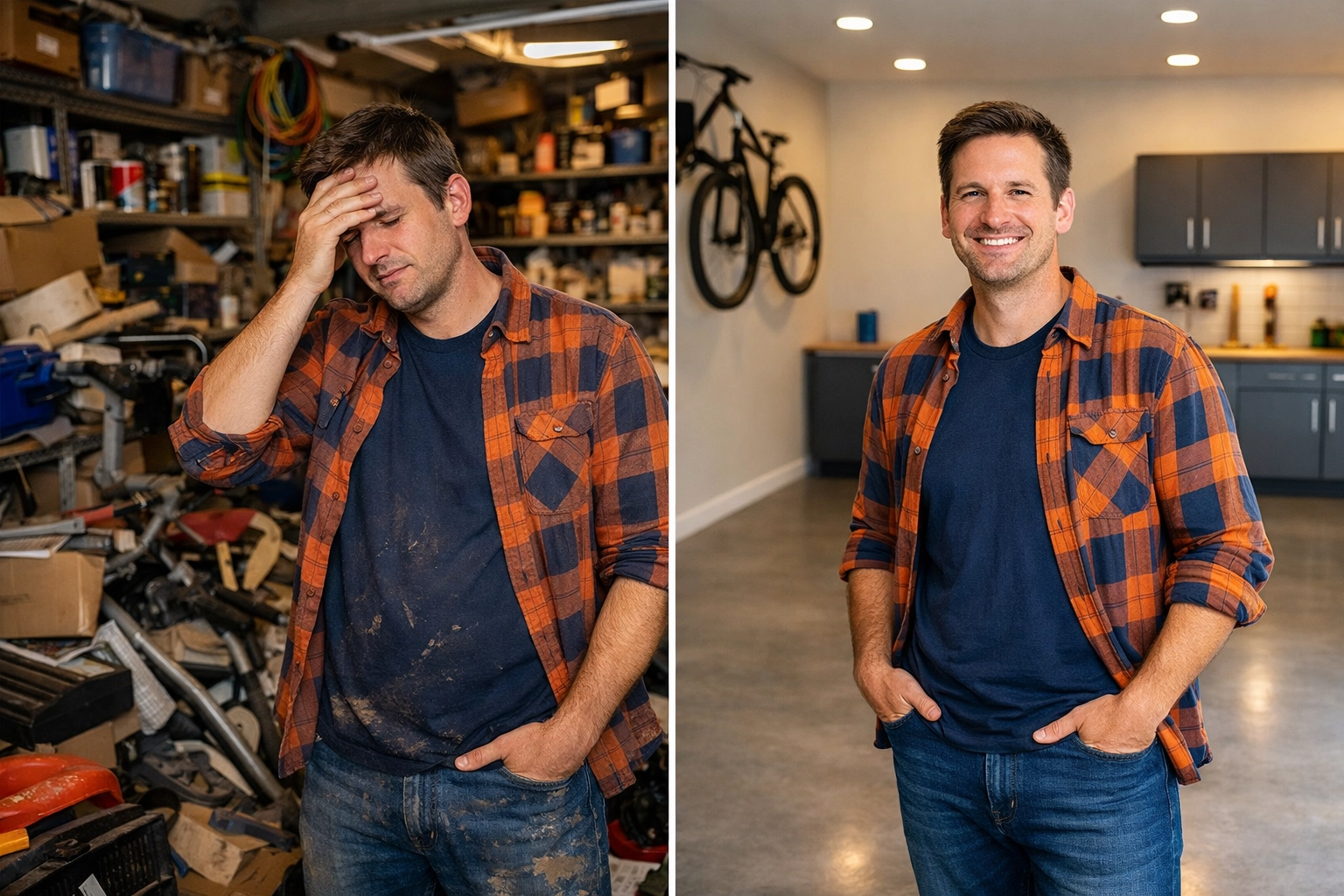 Before and after comparison of cluttered garage versus organized garage space