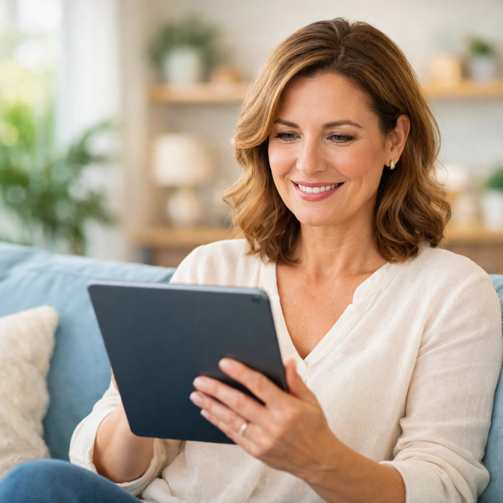 Woman smiling during a virtual weight loss clinic consultation from the comfort of her home.