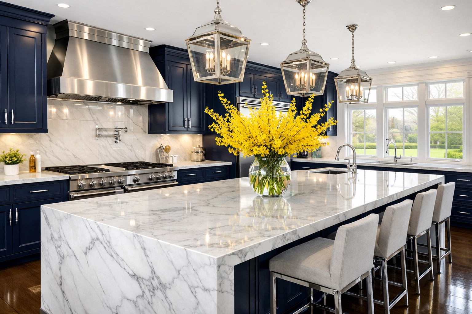 Pristine Sudbury estate kitchen with polished marble island, maintained by a luxury cleaning service.