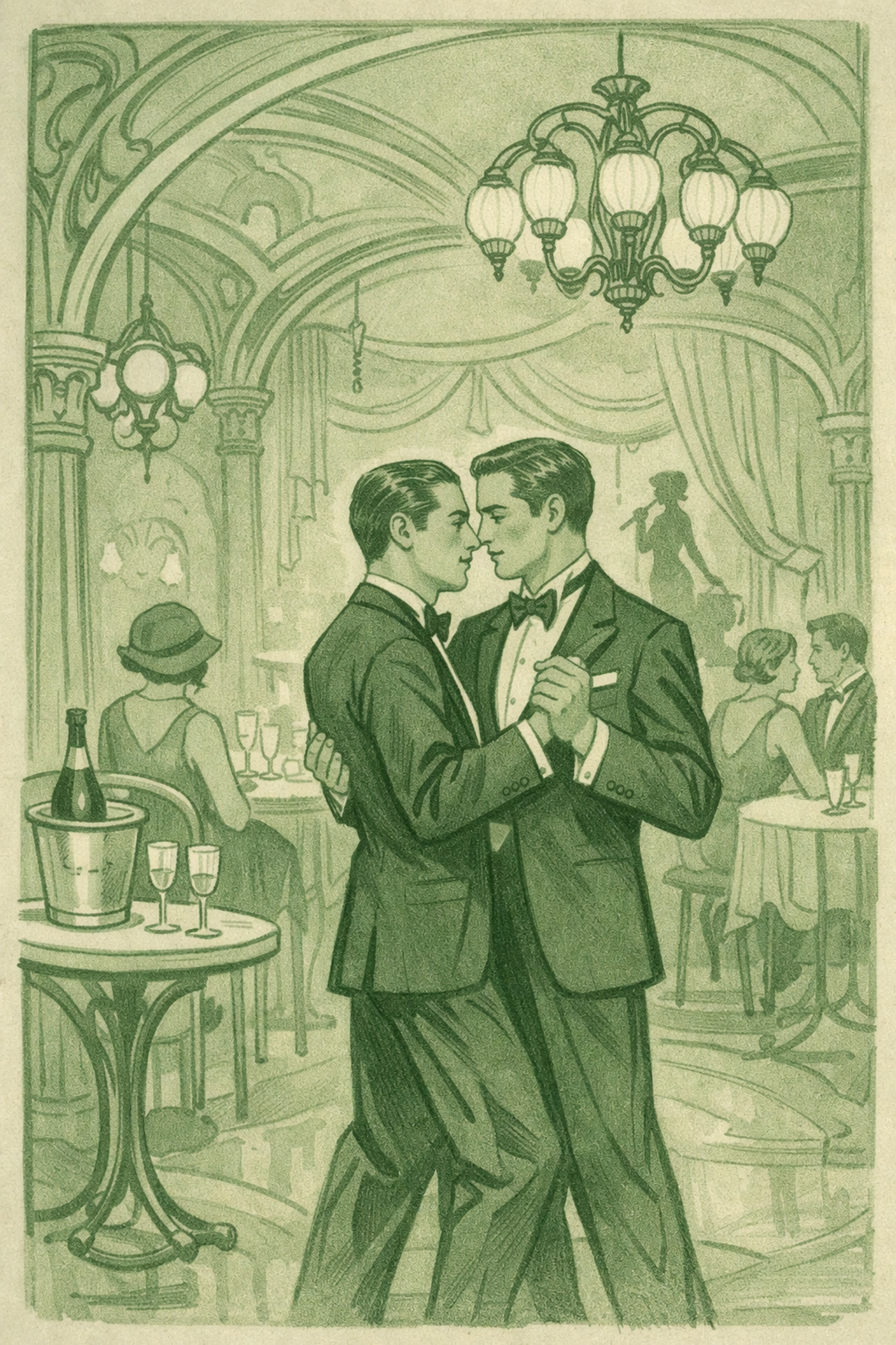 Gay couple dancing at 1920s Parisian underground club during prohibition era