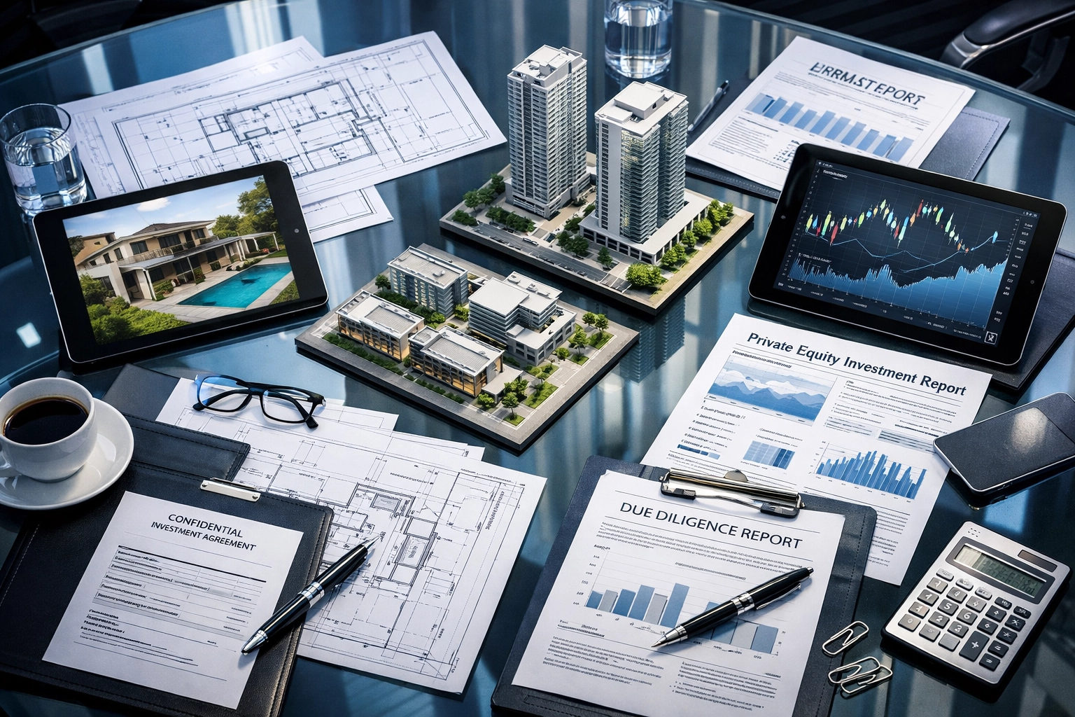 Private equity investment planning with financial documents and property development blueprints