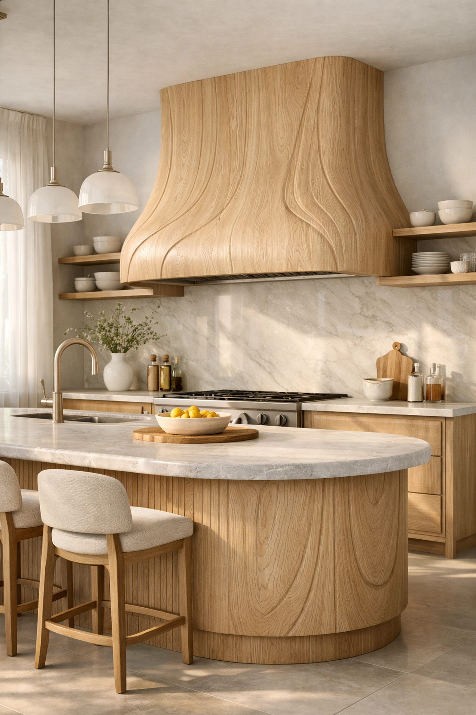 Biophilic kitchen with custom millwork, white oak island, curved range hood, and 4-axis CNC-crafted details on Long Island