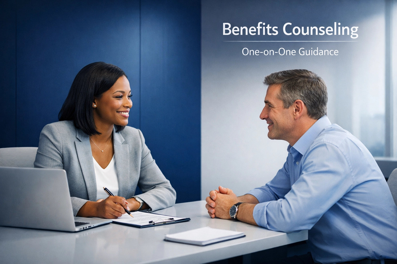 Benefits counselor explaining coverage options during a one-to-one employee benefits enrollment session
