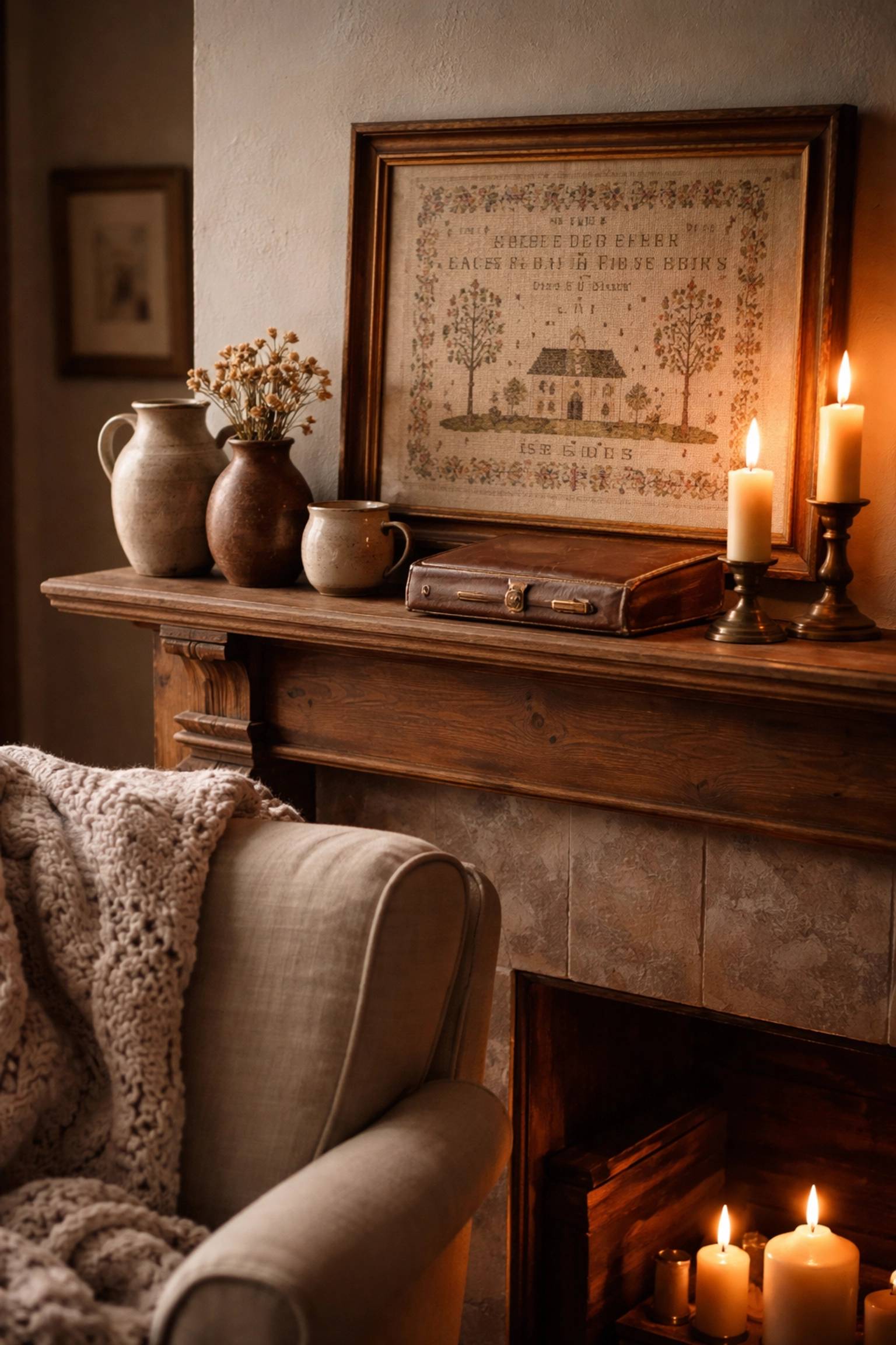 A cozy living room with a mantelpiece decorated with artisan heirlooms, highlighting multi-generational connection.