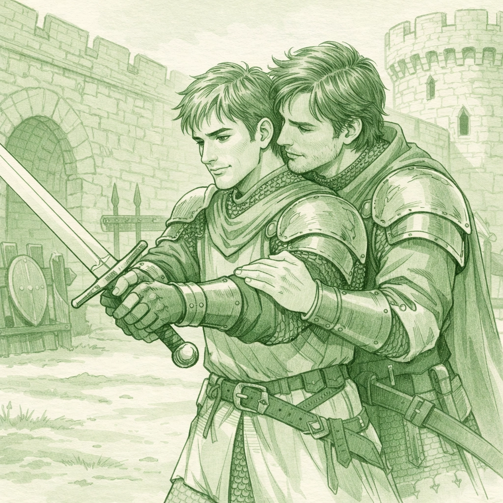 Step-brother knights sword training together in medieval castle yard - gay romance scene