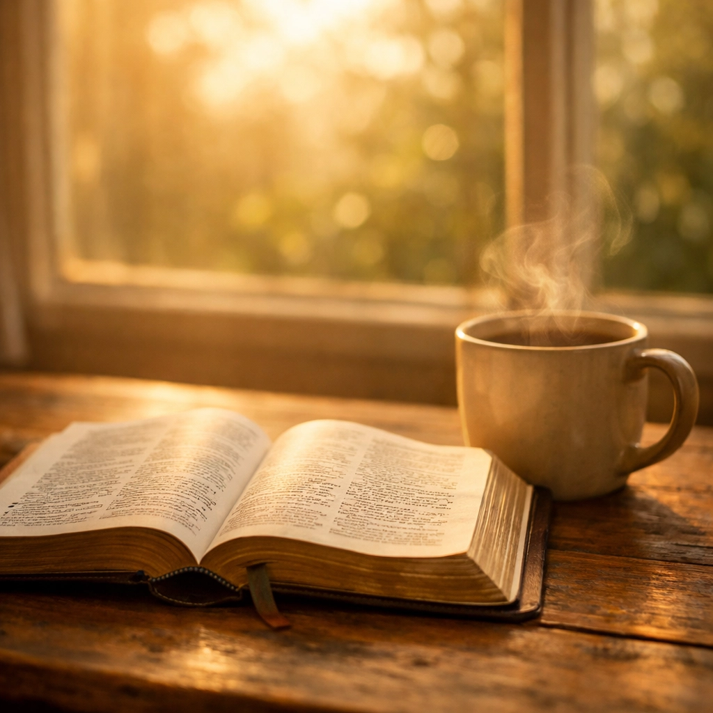 Open Bible with morning coffee on table representing peaceful Scripture reading and prayer time
