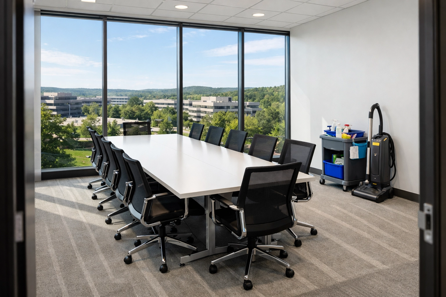 Clean conference room results from commercial cleaning services Westchester County NY after a deep clean.