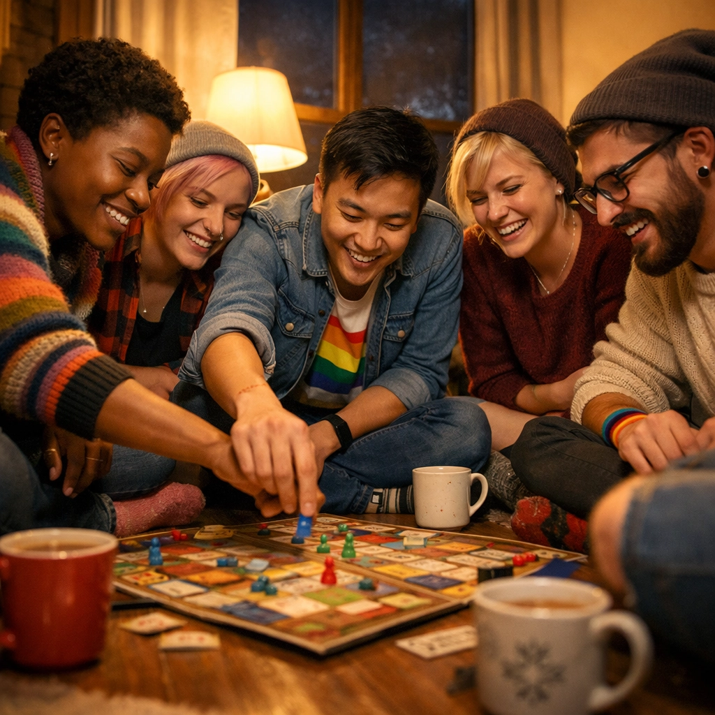 LGBTQ+ friends playing board games together on cozy winter indoor games night