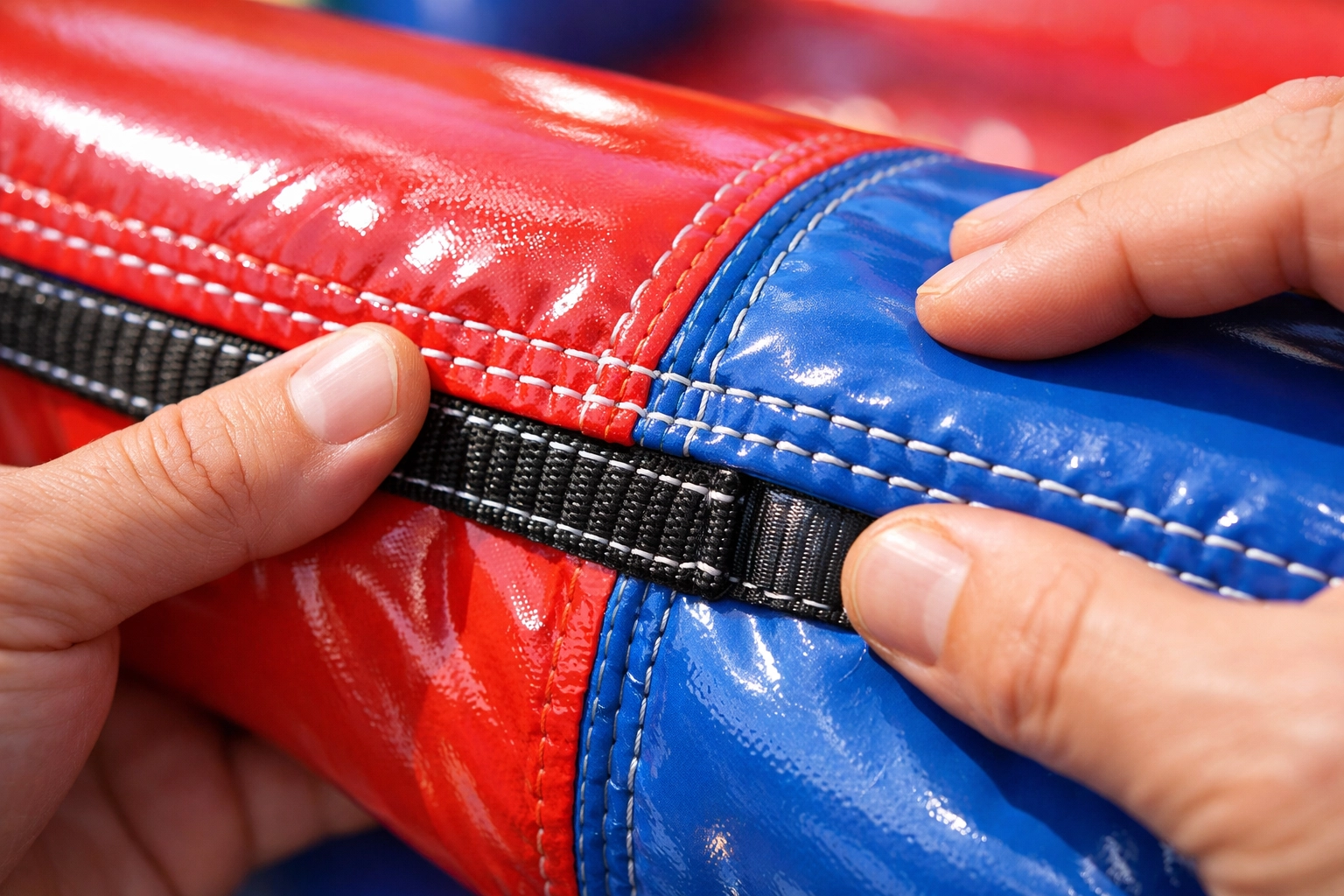 Close-up of a clean and durable bounce house seam being inspected for safety.