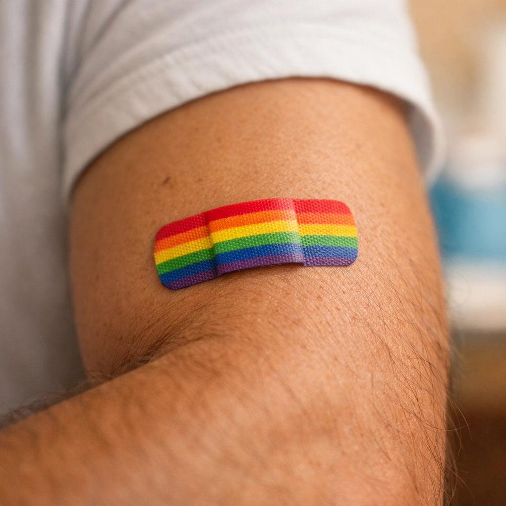 A rainbow-striped bandage on a man's arm after an STI test, promoting sexual health in the gay community.