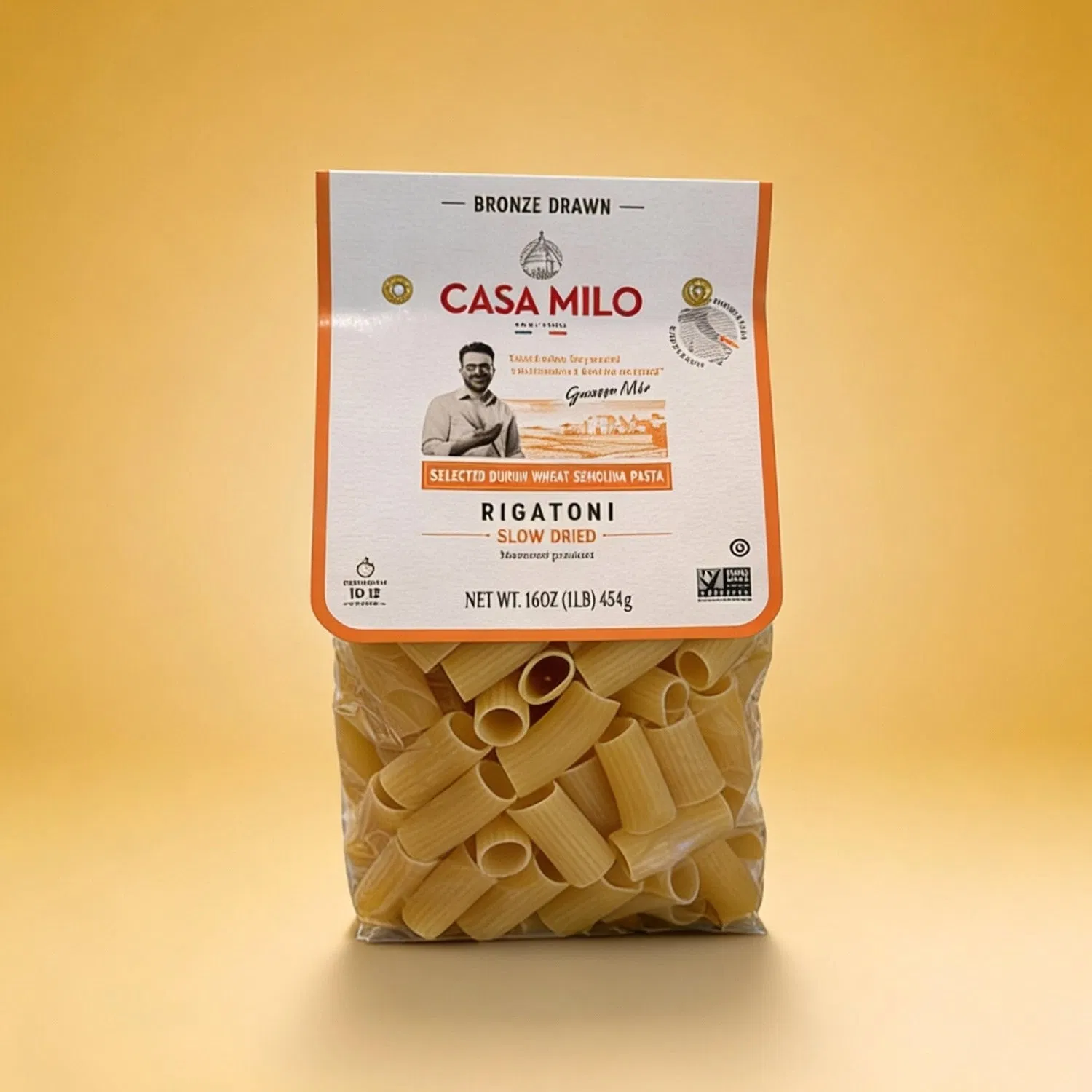 Casa Milo bronze drawn rigatoni, premium texture and flavor