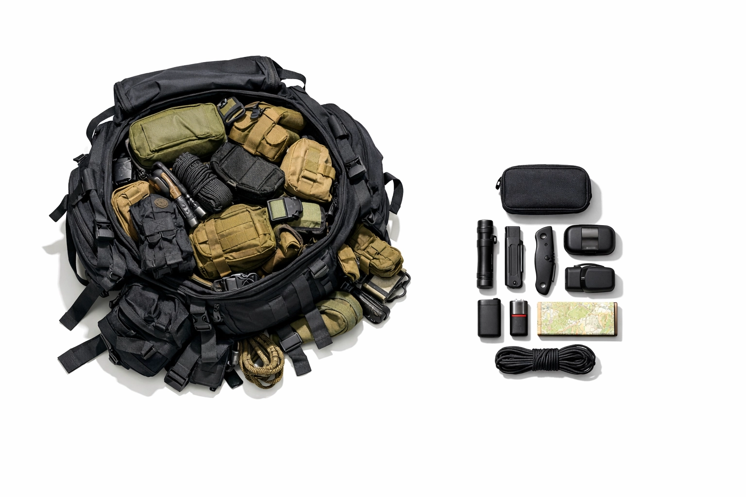 Comparison of organized tactical fitness gear versus a bulky ruck bag, highlighting lean efficiency for veterans.