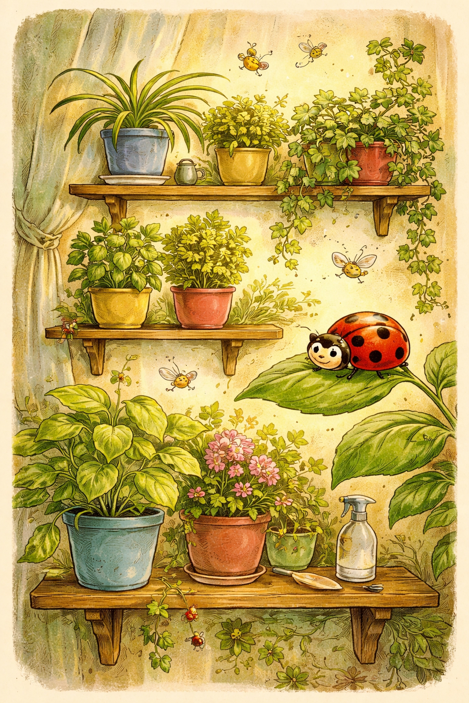 Cartoon-style indoor vertical garden with green plants, ladybug, aphids, and whiteflies illustrating natural pest management