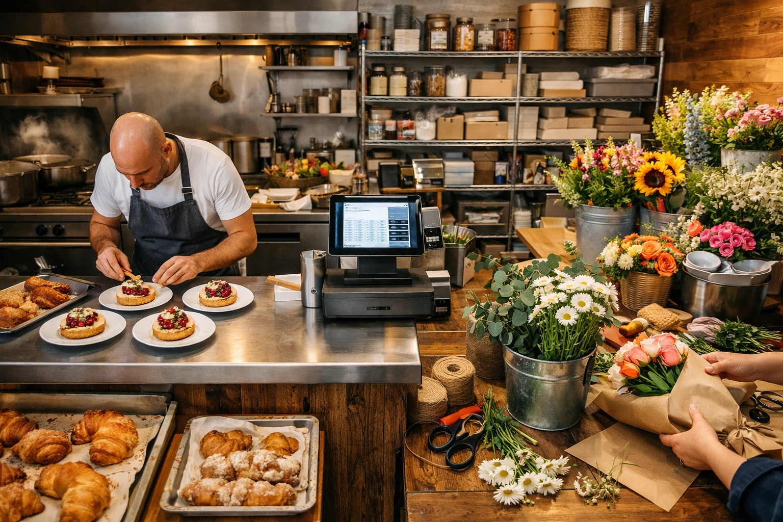 Behind-the-scenes cafe kitchen and flower prep area showing dual operations workflow