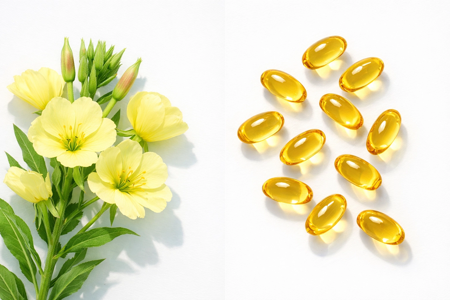 Evening primrose flowers and oil capsules showing natural GLA supplement source