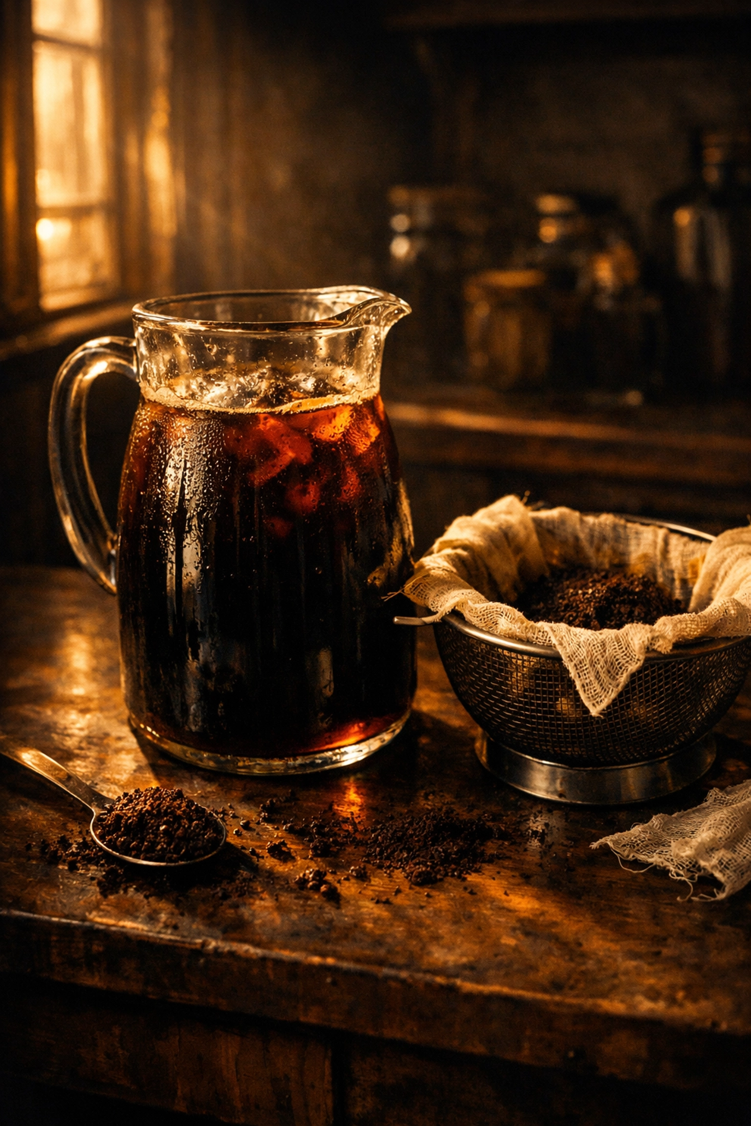 Cold brew coffee concentrate in glass pitcher with strainer for homemade iced coffee