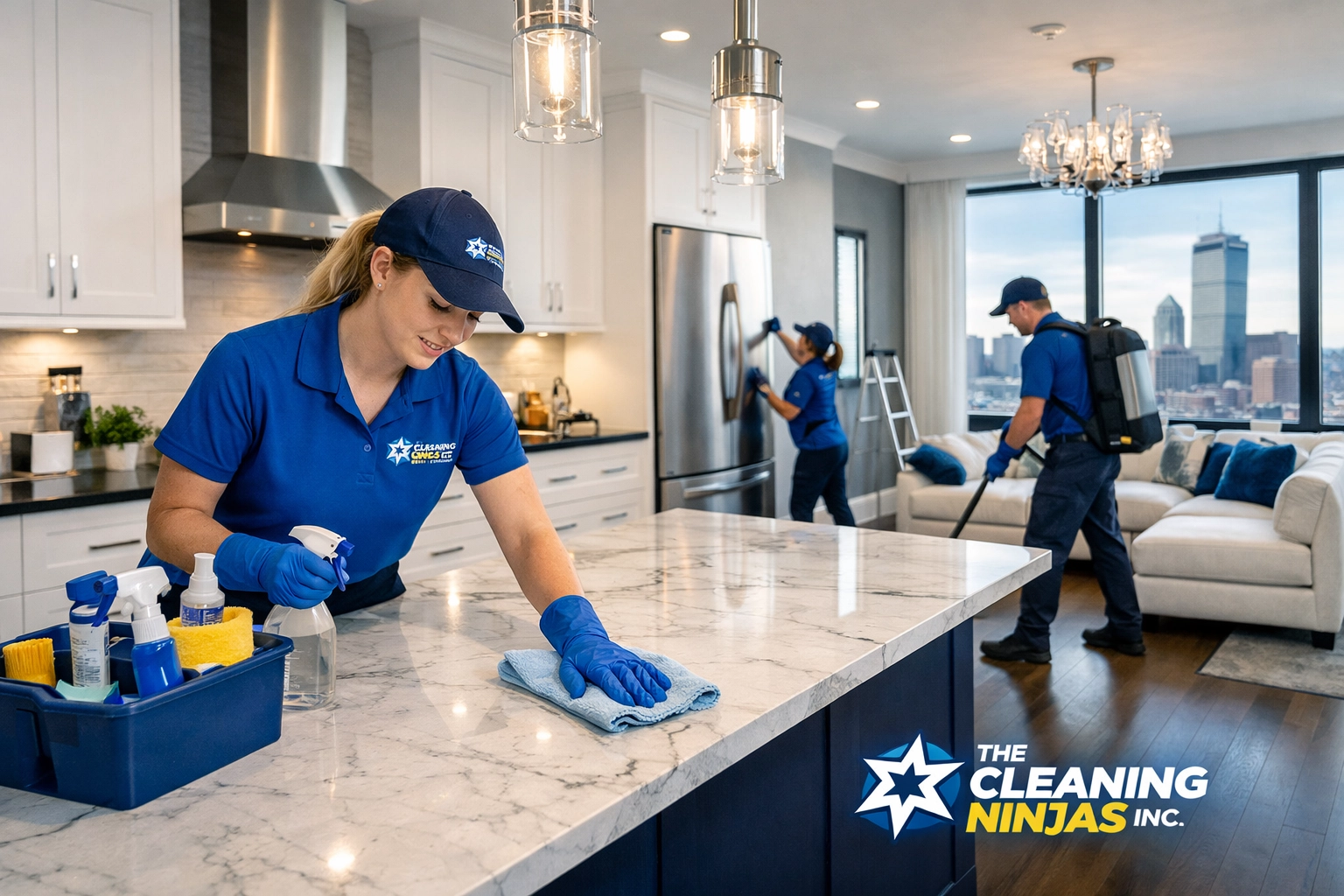 Spotless luxury Boston kitchen following expert post-construction cleaning services for a renovation. A clean, modern kitchen after a renovation with a 