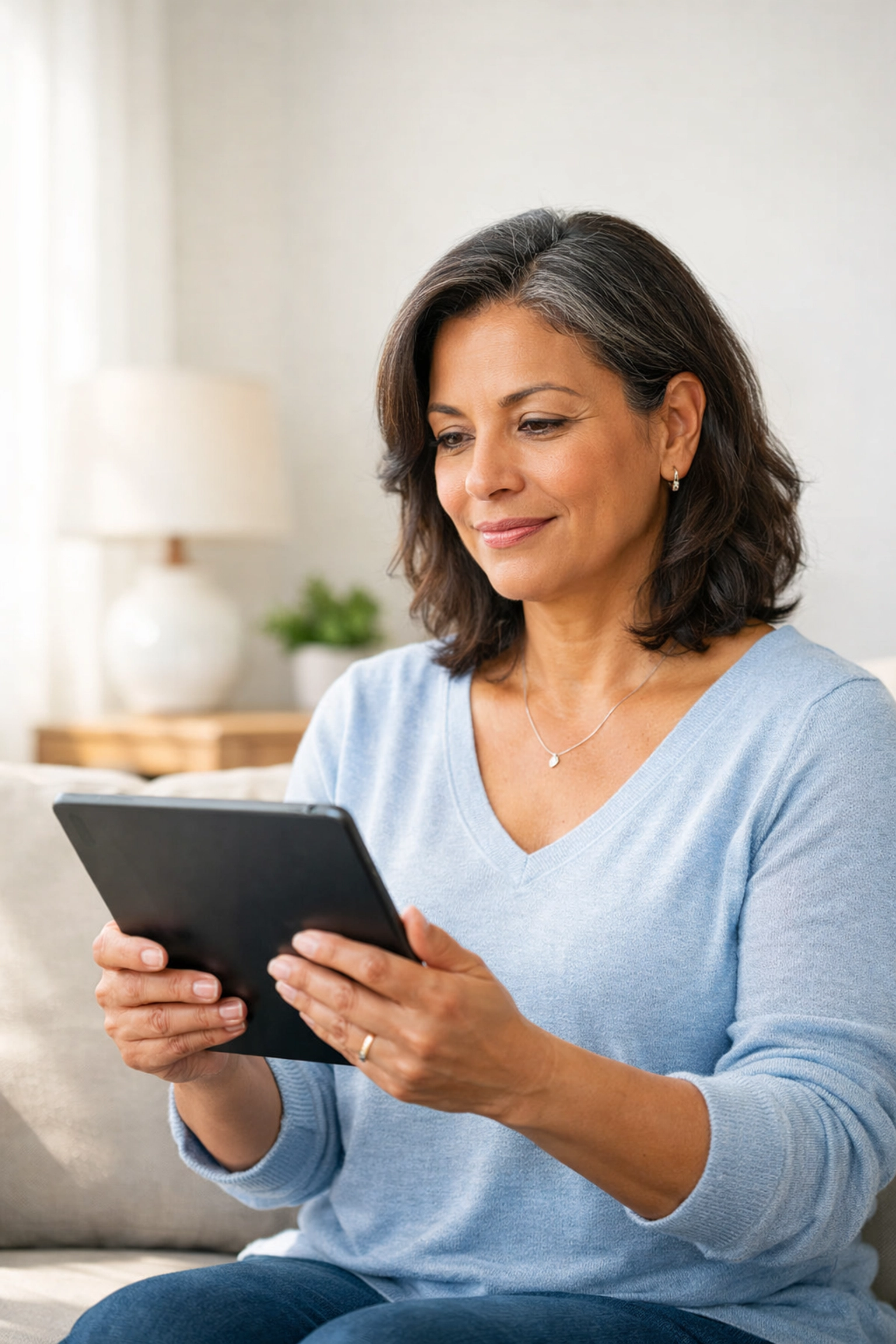 A woman researching medical weight loss options on a tablet to find a Wegovy substitute.