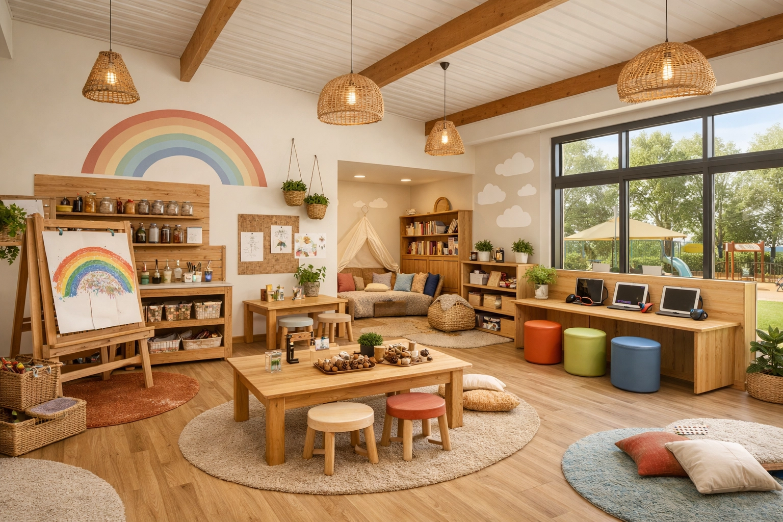 Bright and modern playroom interior at our Rainbow Hut Early Learning Centre in Prestons.
