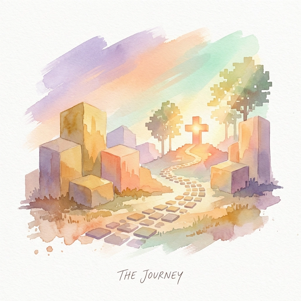 Abstract sunrise landscape inspired by Minecraft, symbolizing faith, creativity, and redemption themes