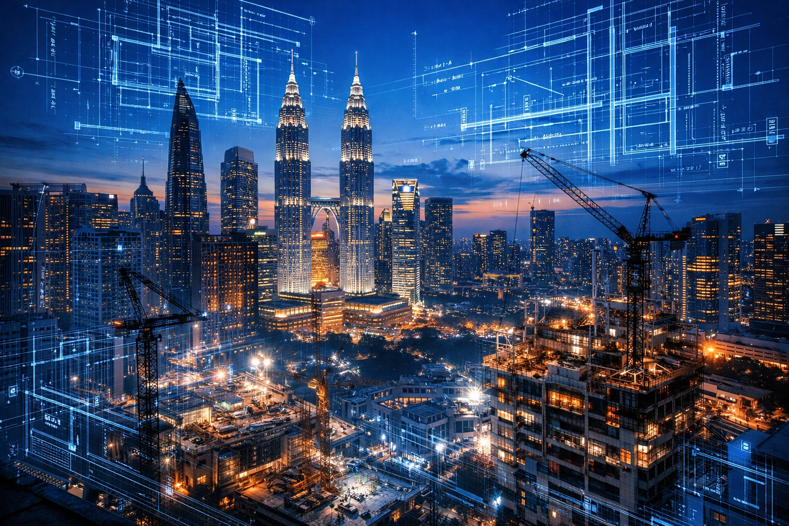 Blueprint overlay on a city skyline and construction sites, showcasing industrial growth and scaling business.