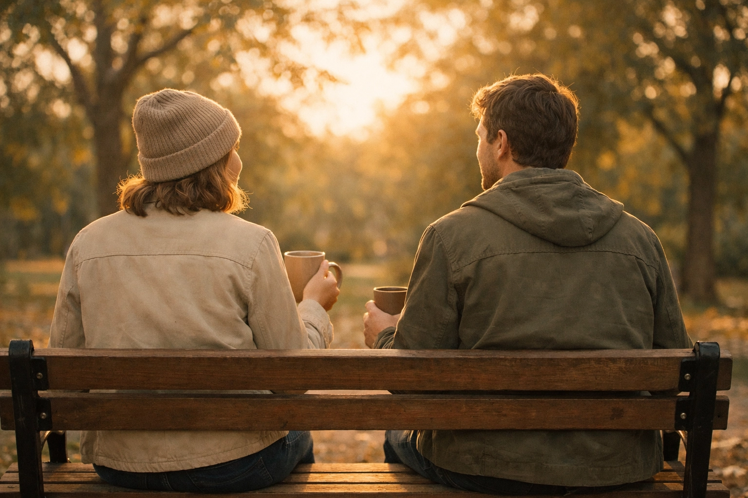 Two adults having coffee on a park bench, illustrating building friendships with people you already know