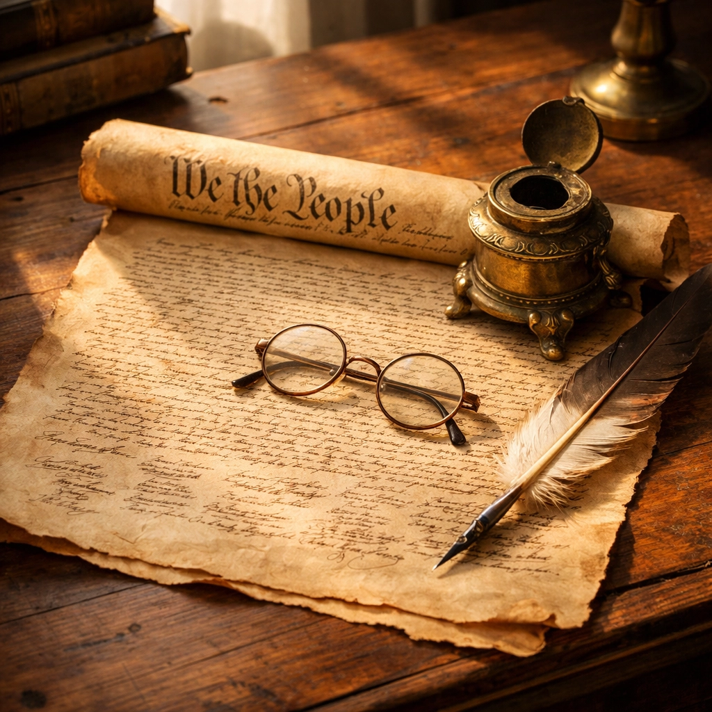 Vintage desk with a quill and parchment scroll symbolizing the founding documents of American history.