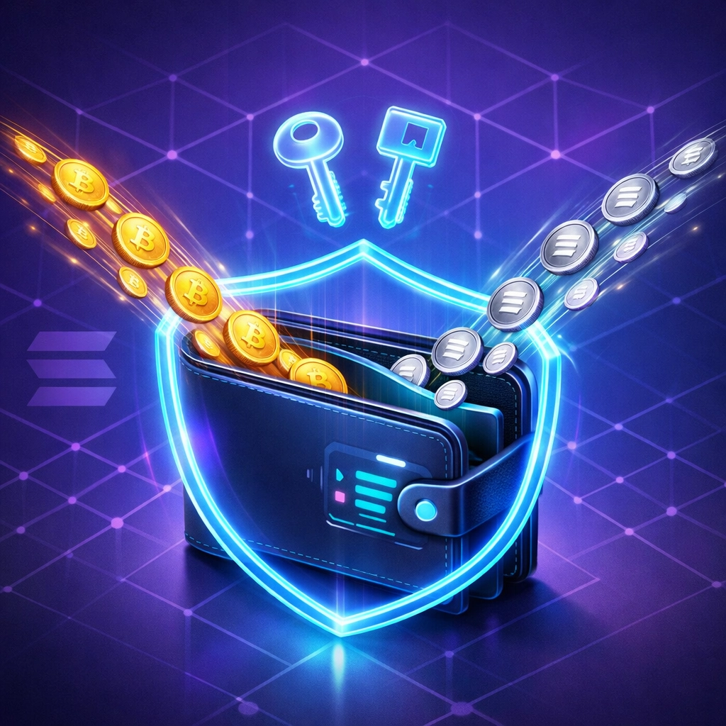 Self-custody crypto wallet with security shield and direct coin flow illustrating Web3 payment control