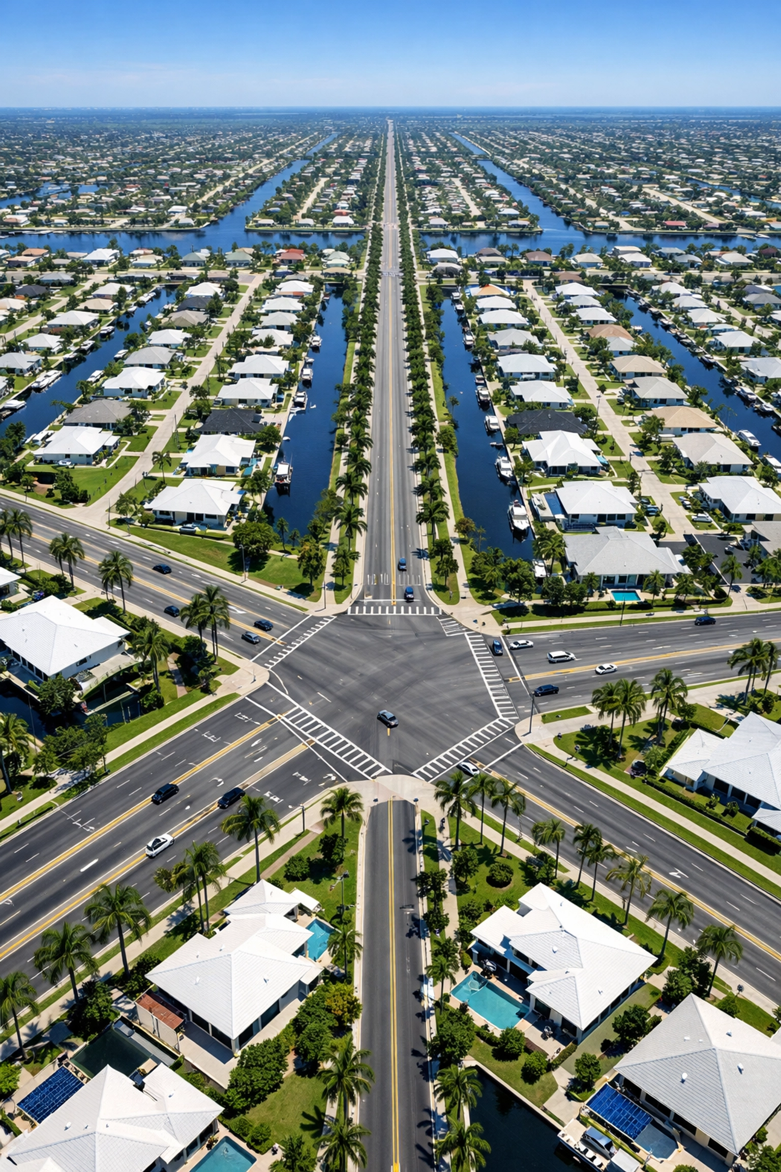 Aerial view of Cape Coral's unique grid layout showing residential intersections, homes, and scenic canals.