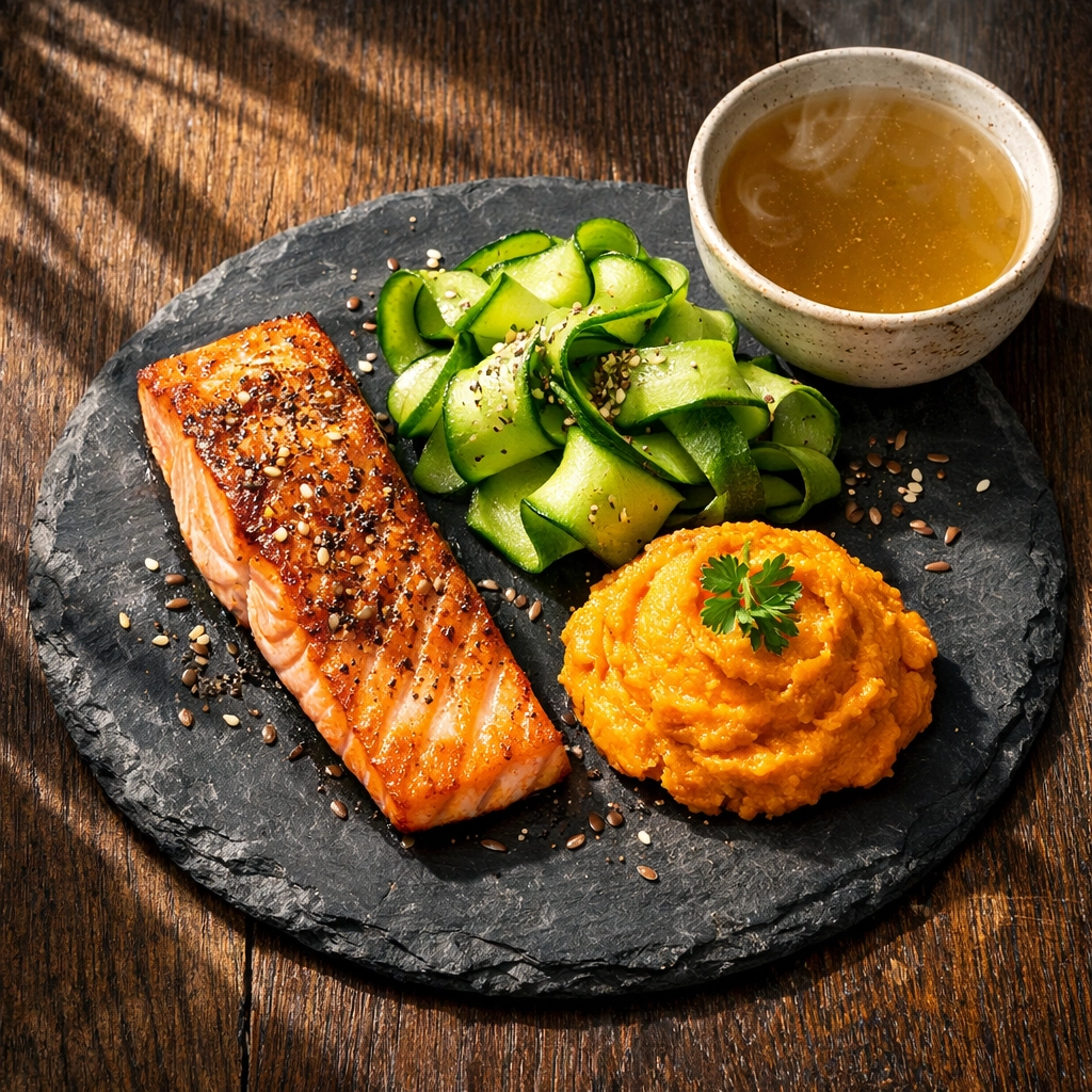 A gut-healing meal featuring salmon, steamed vegetables, and collagen-rich bone broth for gut repair.