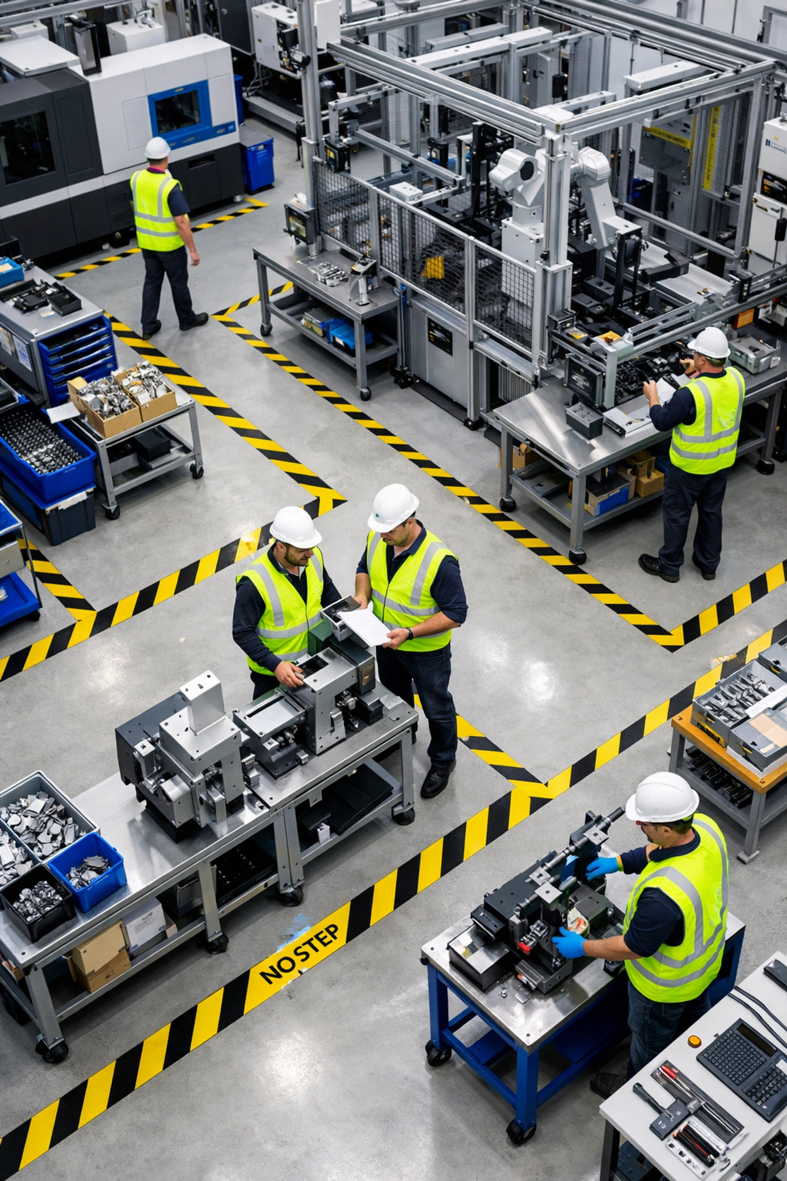 Modern UK factory production floor with workers in high-vis vests and safety markings monitored by CCTV.
