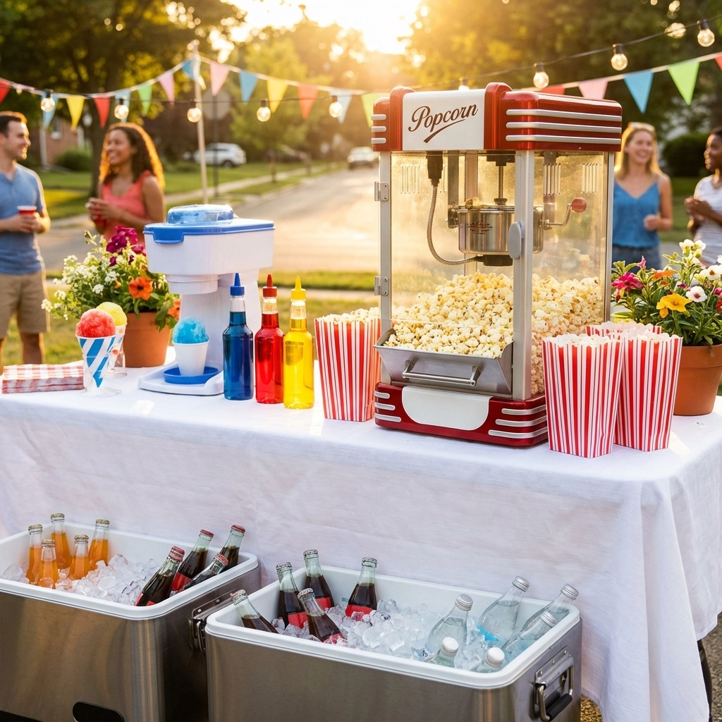 Outdoor block party food station with popcorn machine, snow cone maker, and coolers filled with drinks