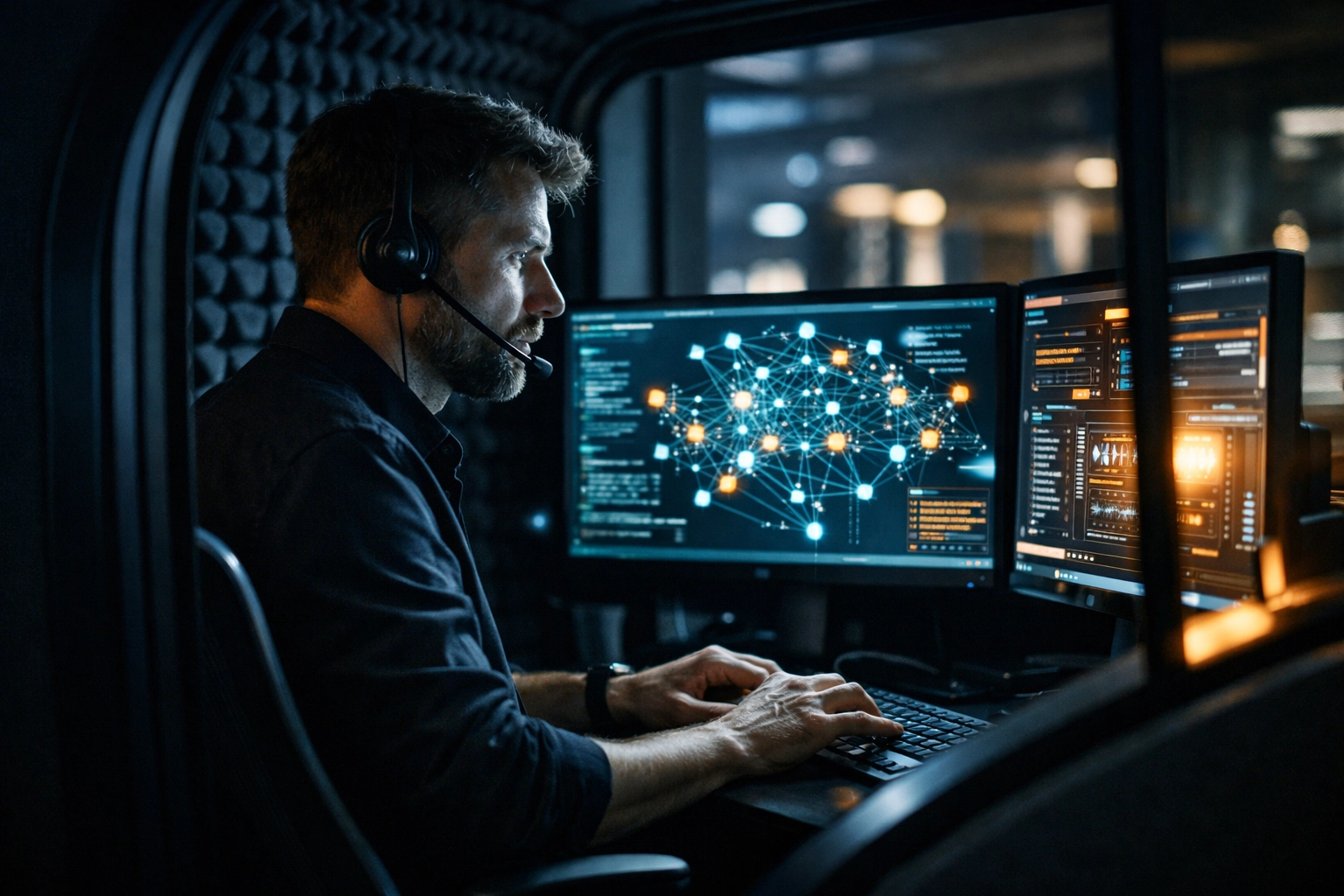 Cybersecurity expert monitoring network data nodes inside a high-tech sound-insulated workstation pod.
