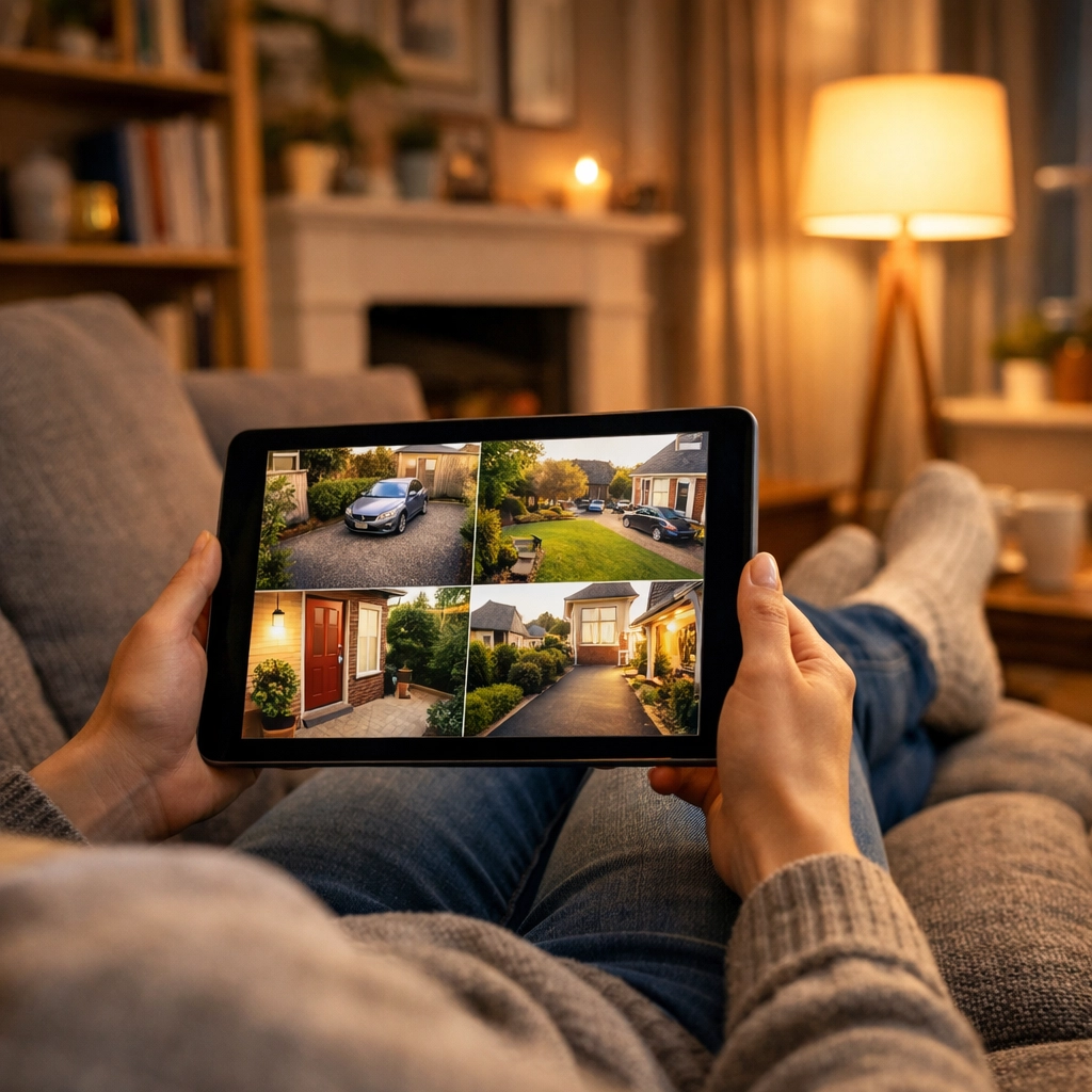 Homeowner remotely viewing home security camera footage on a tablet for total peace of mind.