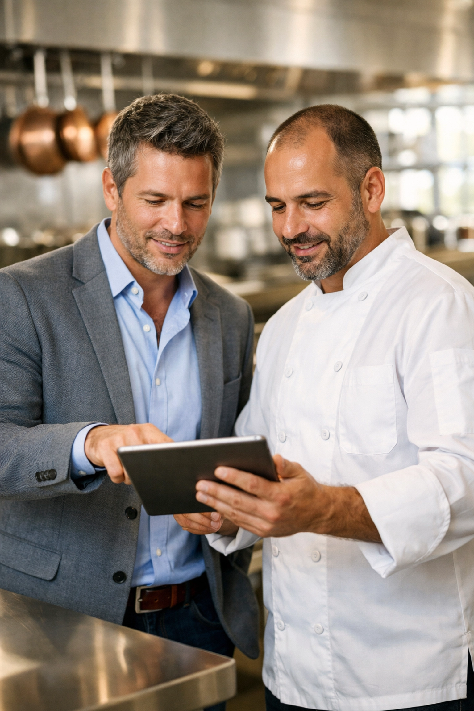 Restaurant consultant and owner analyzing operations in a kitchen to find hidden money and drive business growth.