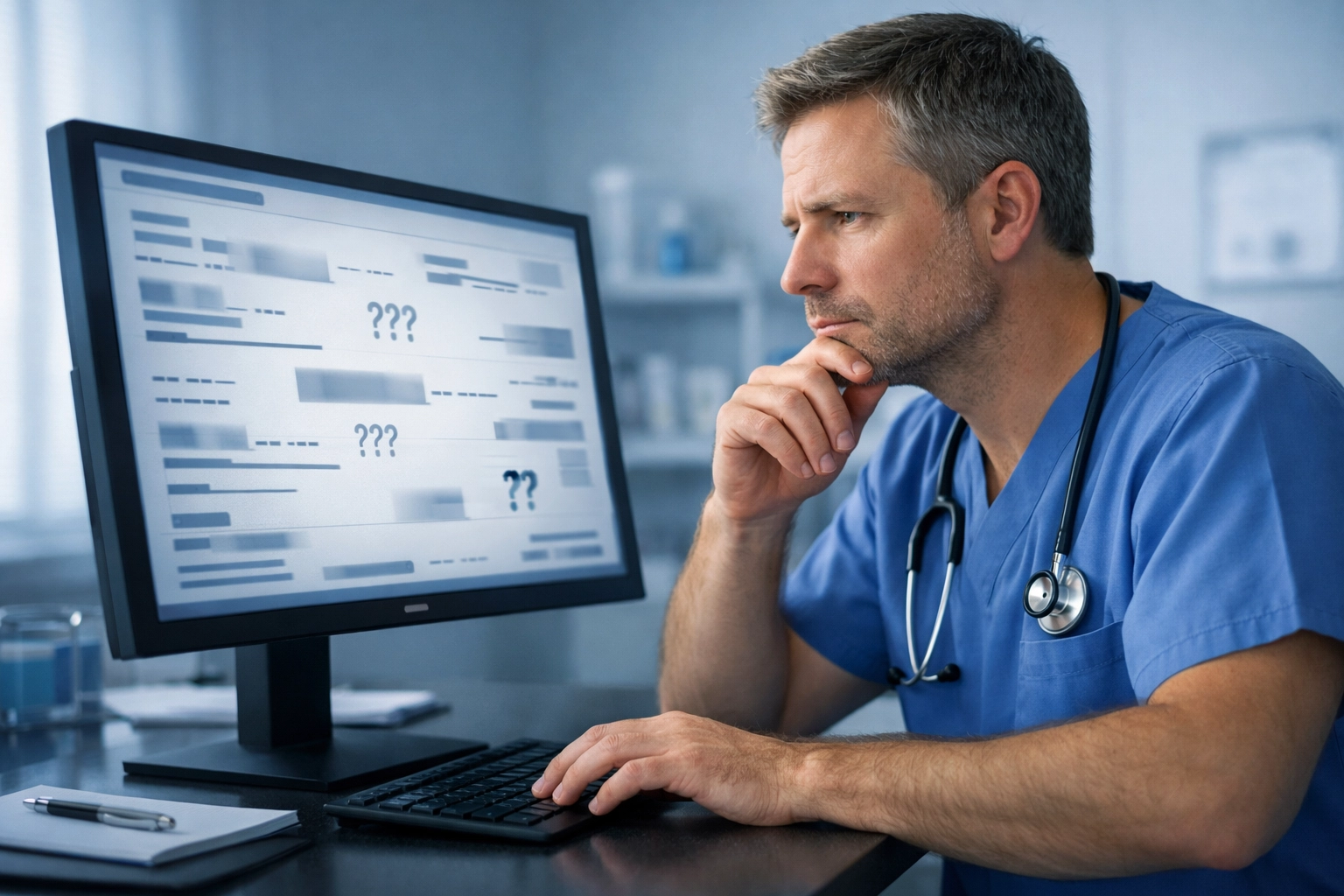 Clinician reviewing incomplete EMR data showing documentation gaps in patient medical records