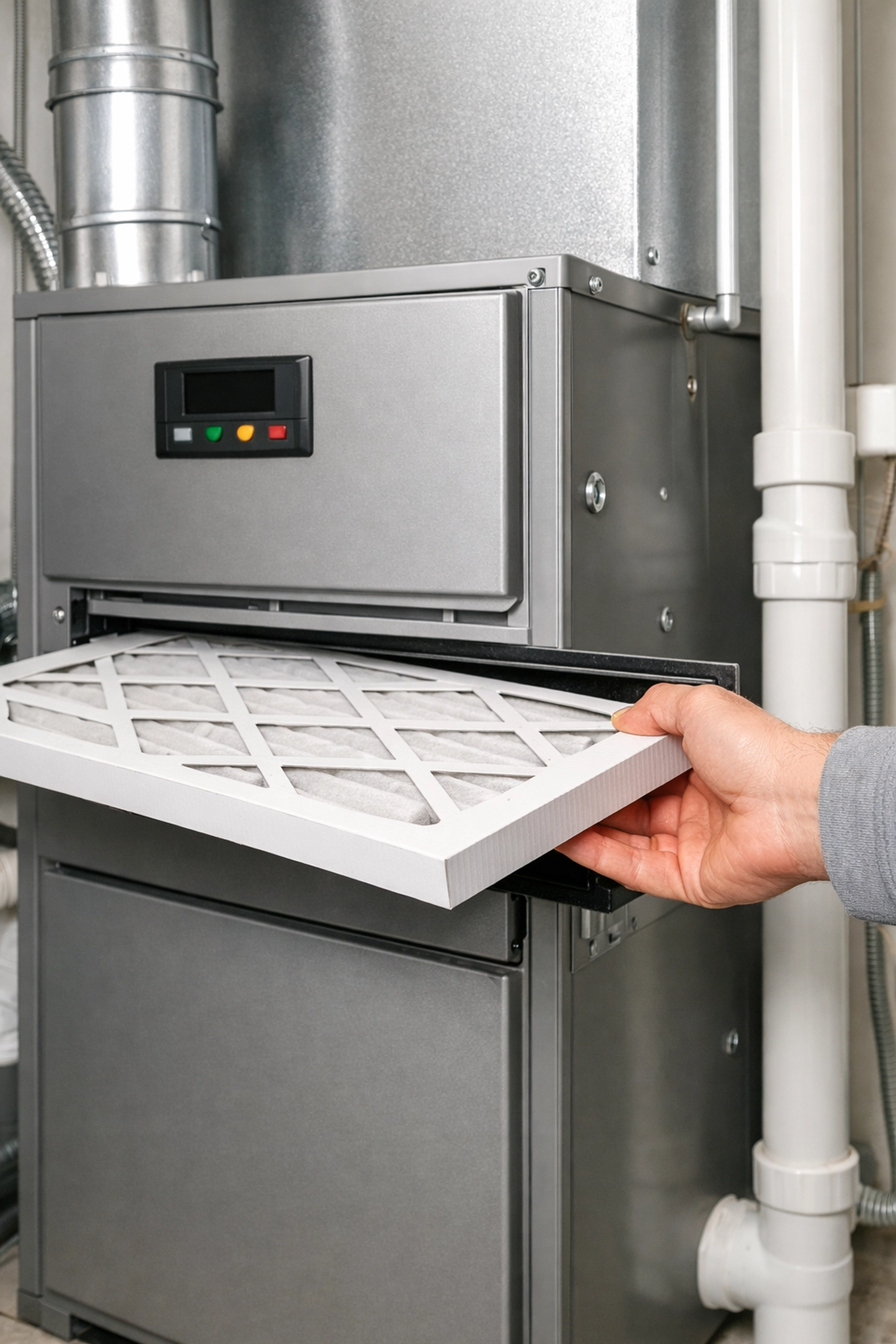 Saskatoon landlord performing furnace maintenance by changing a high-efficiency air filter.