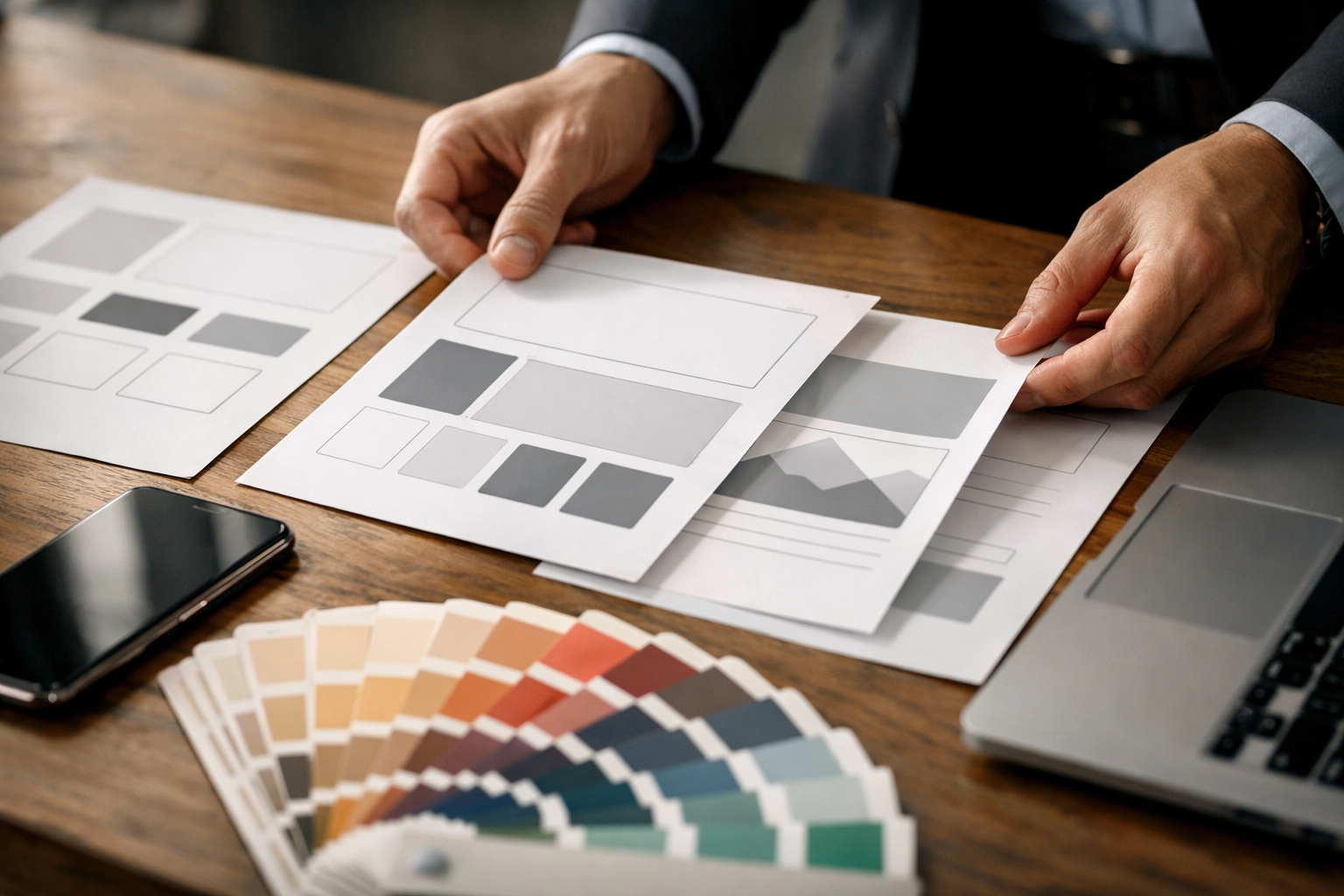 Cinematic close-up of hands aligning brand assets and devices on a table—clean, realistic, no text.
