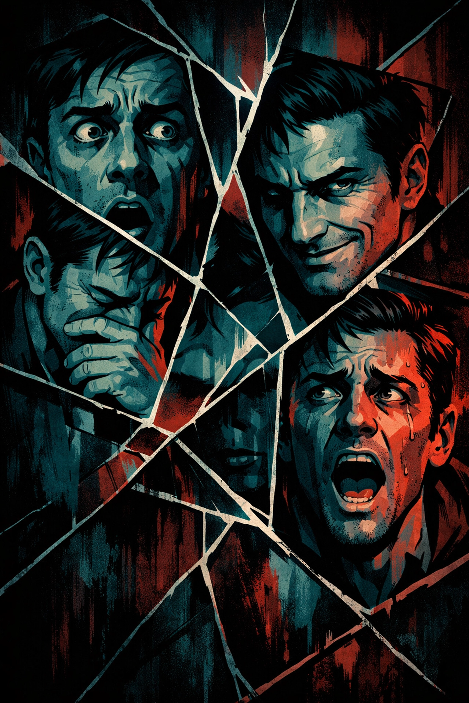 Fragmented portrait showing deception and psychological turmoil in gay noir thriller