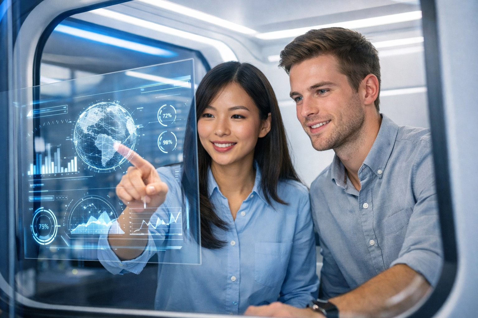 Two professionals collaborating in a high-tech computer pod for specialized skills and workforce development.