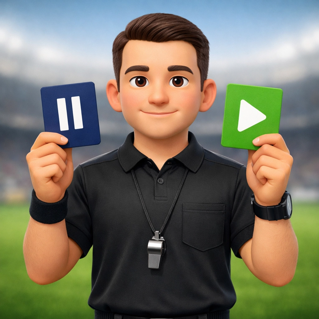 Referee character holding play and pause cards representing disciplined betting strategy execution.