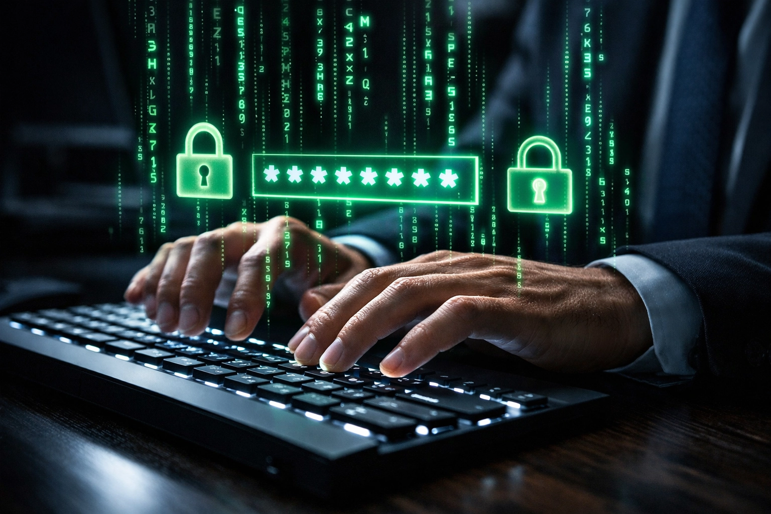 Business professional implementing secure password management and cybersecurity best practices