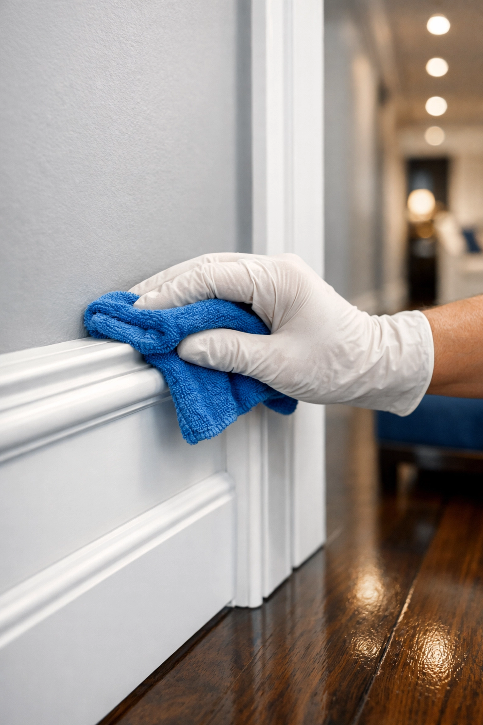 Detailed post construction cleaning service wiping dust from white baseboards in a Hudson home hallway.