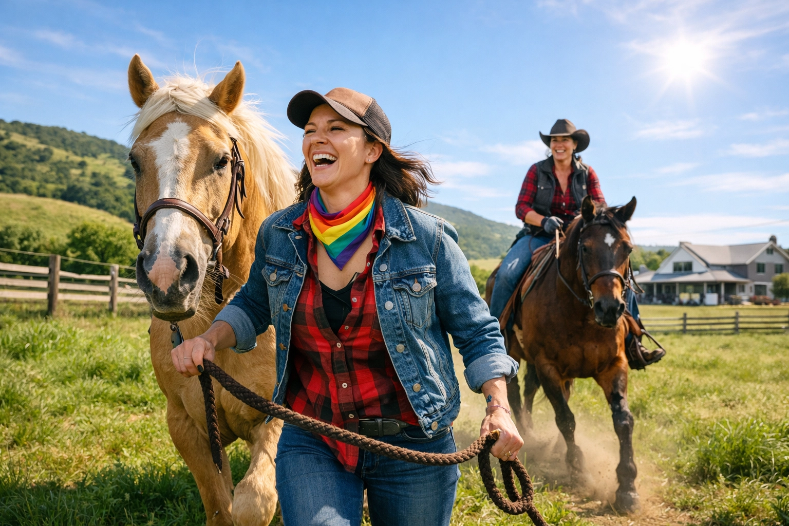 A lesbian couple riding horses on a vibrant pasture, enjoying the freedom of a modern queer-owned horse farm.