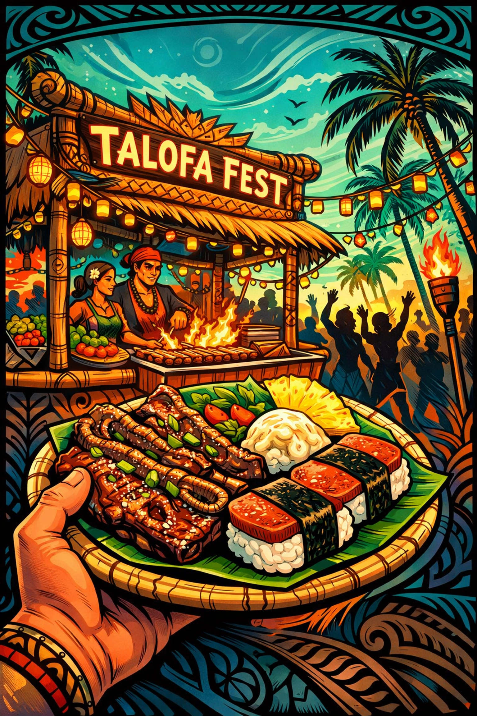 A festive island food stall at Talofa Fest 2026 featuring plates of Kalbi ribs and Spam Musubi.