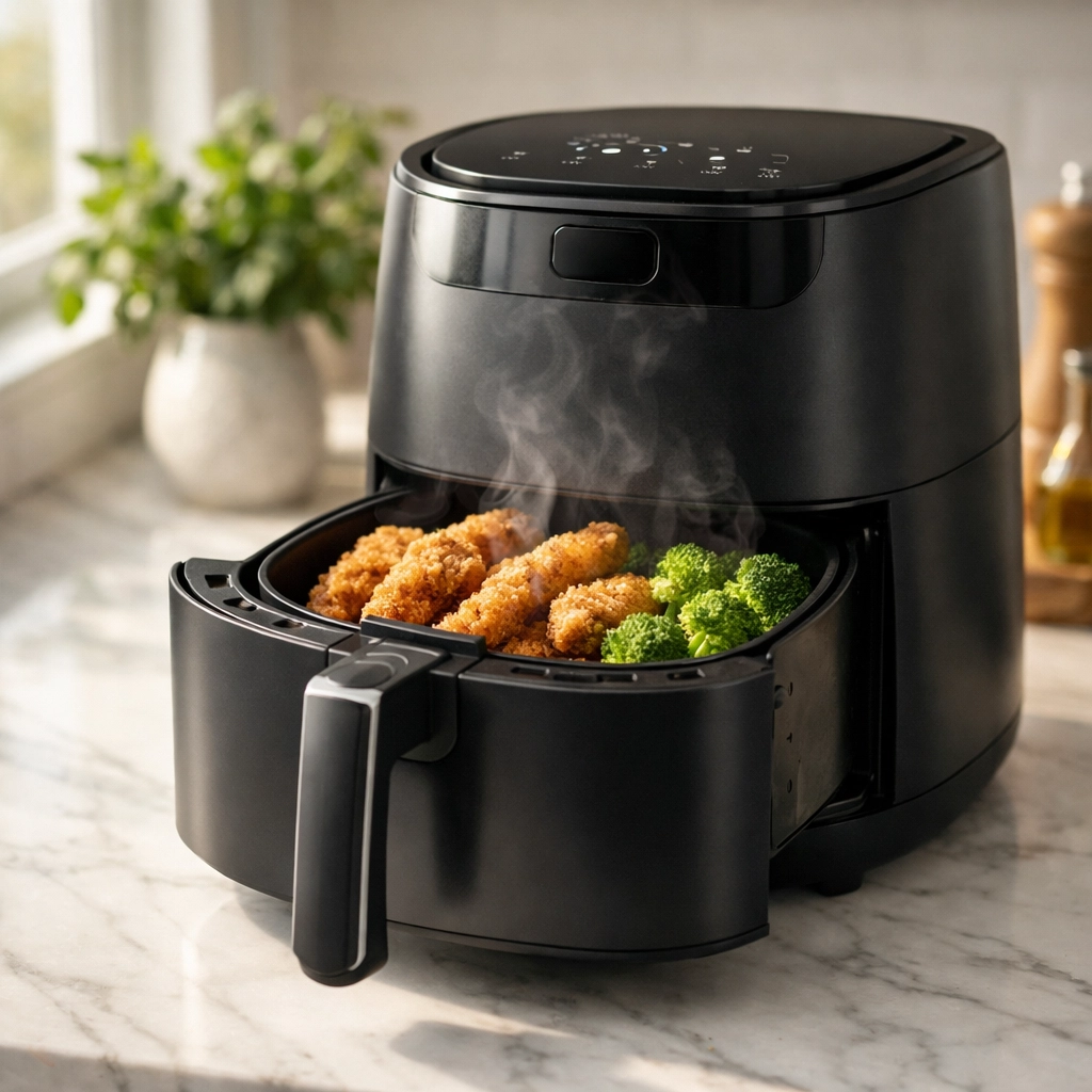 A modern air fryer with gluten-free breaded chicken and broccoli on a marble kitchen countertop.