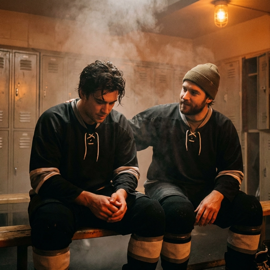 Two male athletes share a tender, private moment in a locker room, illustrating the secret gay romance trope.