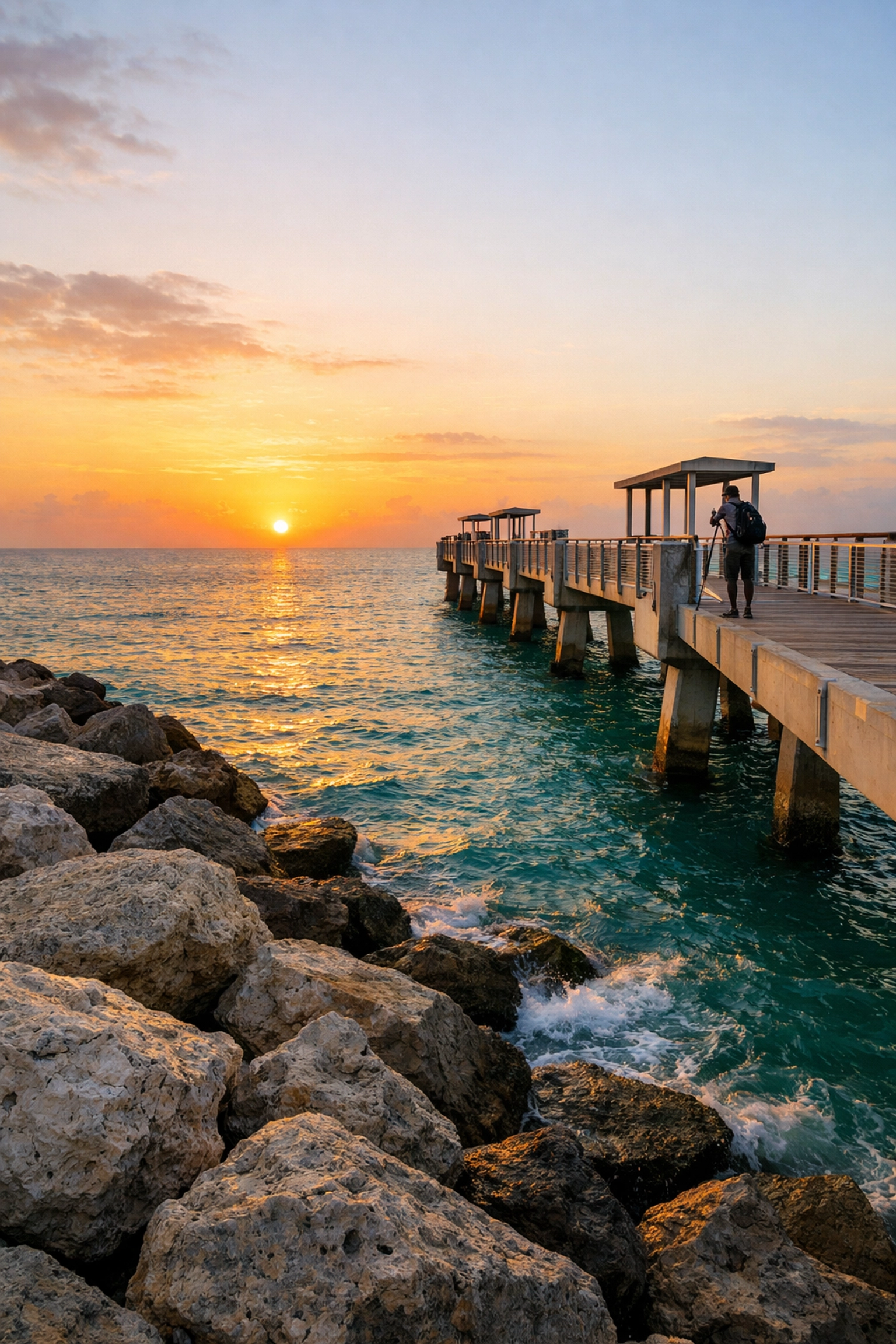 Golden sunrise at South Pointe Park Pier, one of the best places to take pictures in Miami.